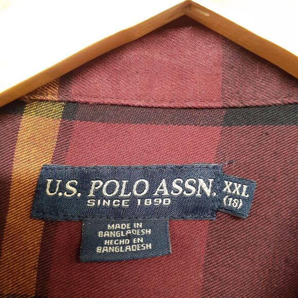 US Polo Assn Boy Junior XXL Flannel Burgundy Plaid Long Sleeve Button Down Shirt - Picture 2 of 8